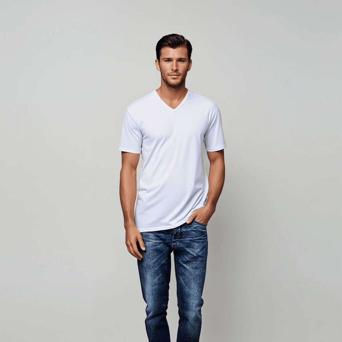 Man wearing a white V-neck T-shirt with jeans – Davis' V-Neck in 180 gsm combed cotton by LEBASQ
